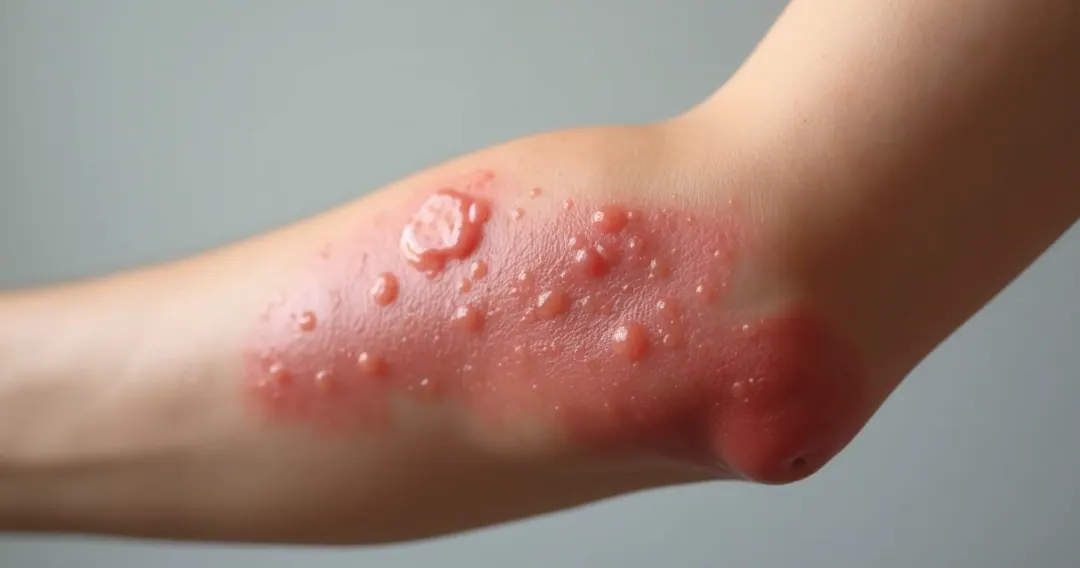 Detalhe de cotovelo com dermatite herpetiforme, pele avermelhada e bolhas pequenas
