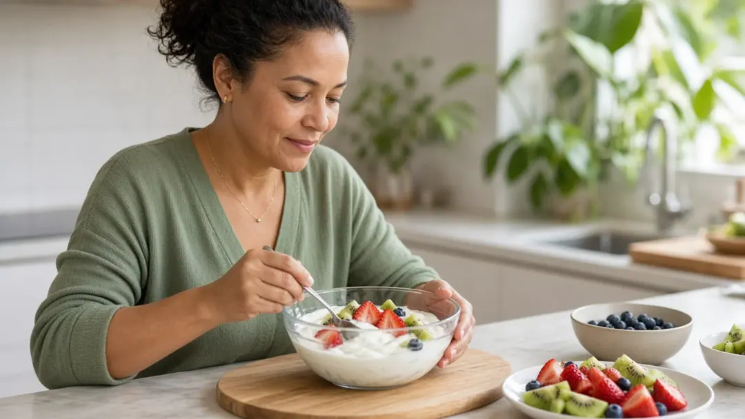 Mulher preparando iogurte natural com frutas em cozinha clara