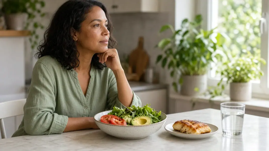 Prato colorido com vegetais e proteína, exemplo de refeição que apoia a microbiota