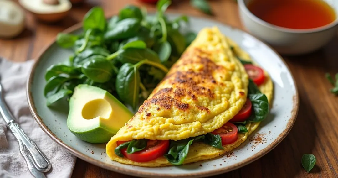 Prato equilibrado com omelete, abacate, tomate e salada verde