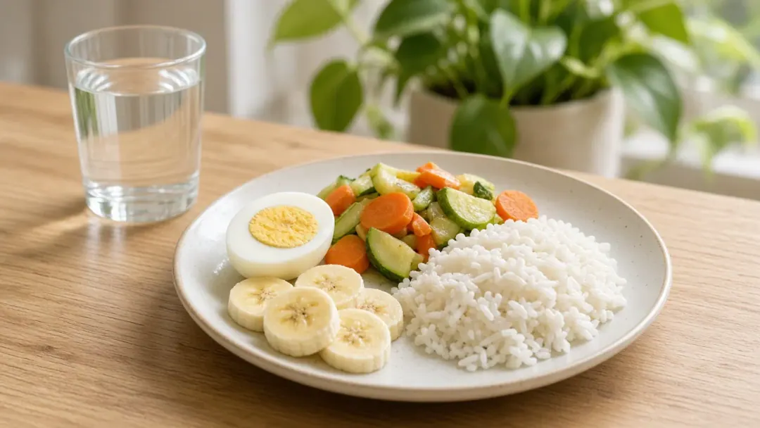 Prato leve com arroz, ovo, legumes cozidos e banana, típico de fase de estômago sensível