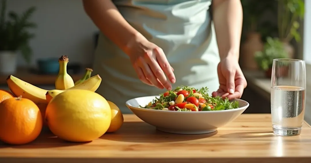 Pessoa escolhendo frutas frescas em uma mesa na cozinha