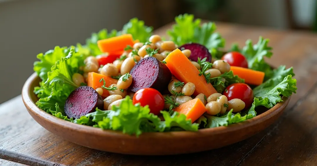 Prato colorido com salada de folhas, legumes crus e grãos como feijão em uma mesa de madeira