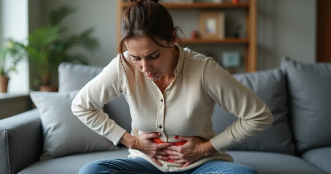 Mulher sentada segurando o abdômen com expressão de desconforto intestinal