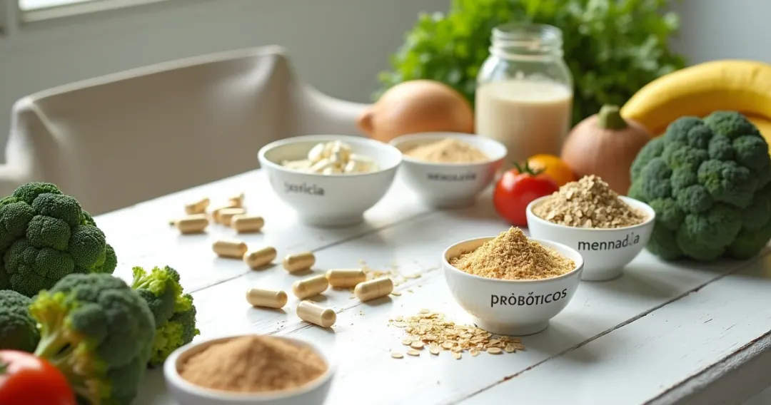 Diferentes suplementos e alimentos para saúde intestinal alinhados em uma mesa